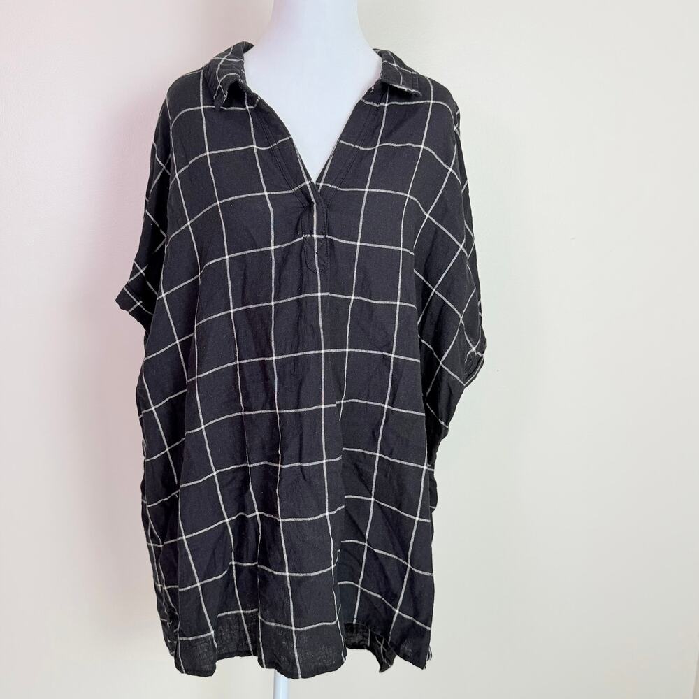 Tahari Linen Blend Popover Tunic Women's 2X Black Windowpane Oversized Shirt - Picture 2 of 11